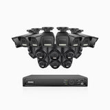 H500P - 3K 16 Channel PoE Security System with 8 Bullet & 8 Turret Cameras, Colour & IR Night Vision, 3072*1728 Resolution, f/1.6 Aperture (0.005 Lux), Human & Vehicle Detection, Built-in Microphone, IP67