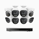 H800X - 4K 8 Channel PoE Security System with 6 Bullet & 2 Turret Cameras, 1/1.8'' BSI Sensor, f/1.6 Aperture (0.003 Lux), Siren & Strobe Alarm, 2CH 4K Decoding Capability, Human & Vehicle Detection, Perimeter Protection, All-Metal Housing