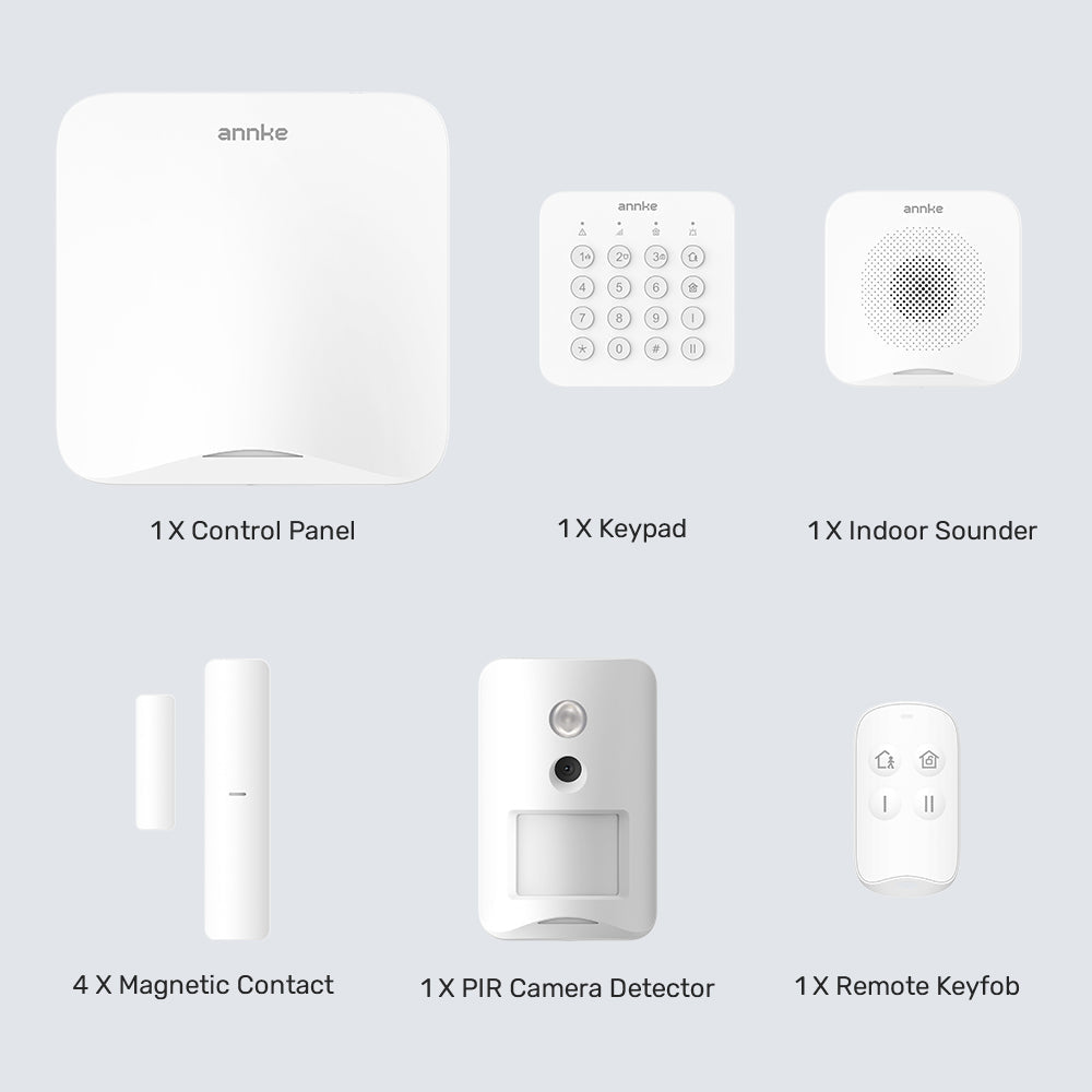 All-in-One Wireless Alarm System, Smart Home Security Kit with PIR Camera Detector, Keypad, Magnetic Contact, Control Panel, Indoor Sounder, Remote Keyfob, LAN Module