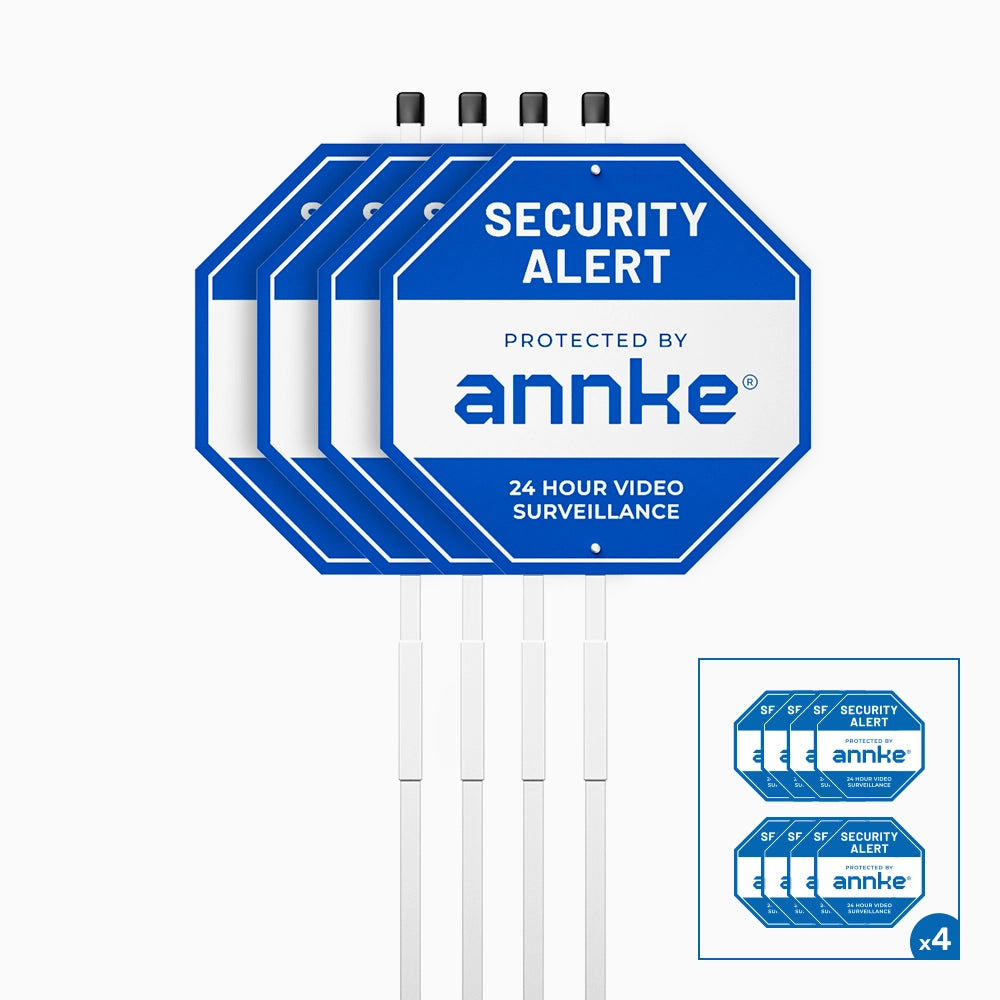 4PCS ANNKE 10" Heavy Duty 100% Aluminum Security Sign, with Ground Stake & 32 Window Stickers, Reflective & Fade Resistant Outdoor Surveillance Warning Sign for Home, Yard, Property Protection