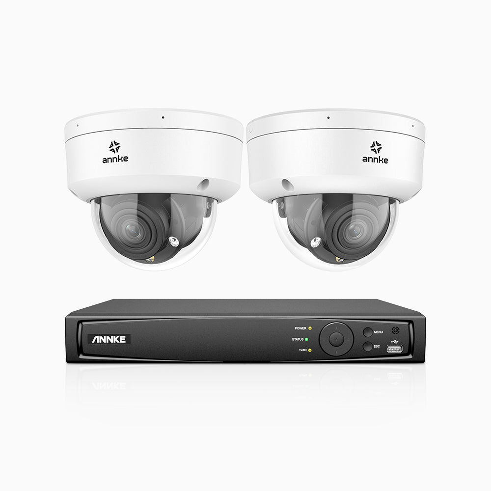 AZH800 - 4K 4 Channel 2 Cameras PoE Security System, 4X Optical Zoom, 2.8 - 12 MM Motorized Varifocal Lens, Smart Dual Light Night Vision, Motion Detection 2.0, Built-In Microphone, Siren & Strobe Alarm, Upgraded Version