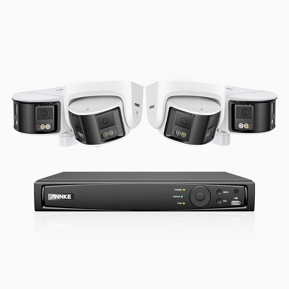 FDH600 - 8 Channel PoE Security System with 2 Bullet & 2 Turret Dual Lens Cameras, 6MP Resolution, 180° Ultra Wide Angle, f/1.2 Super Aperture, Built-in Microphone, Active Siren & Alarm, Human & Vehicle Detection, 2-Way Audio