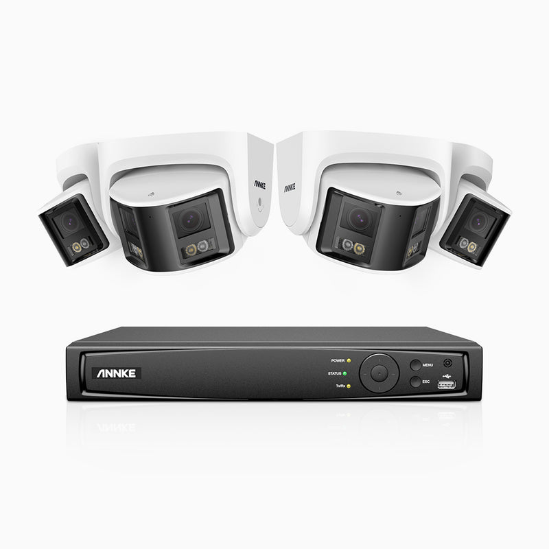 FDH600 - 8 Channel PoE Security System with 4 Dual Lens Cameras, 6MP Resolution, 180° Ultra Wide Angle, f/1.2 Super Aperture, Built-in Microphone, Active Siren & Alarm, Human & Vehicle Detection, 2-Way Audio