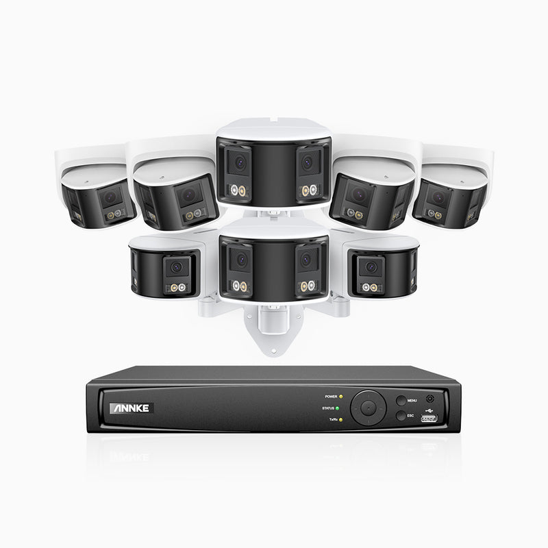FDH600 - 8 Channel PoE Security System with 4 Bullet & 4 Turret Dual Lens Cameras, 6MP Resolution, 180° Ultra Wide Angle, f/1.2 Super Aperture, Built-in Microphone, Active Siren & Alarm, Human & Vehicle Detection, 2-Way Audio