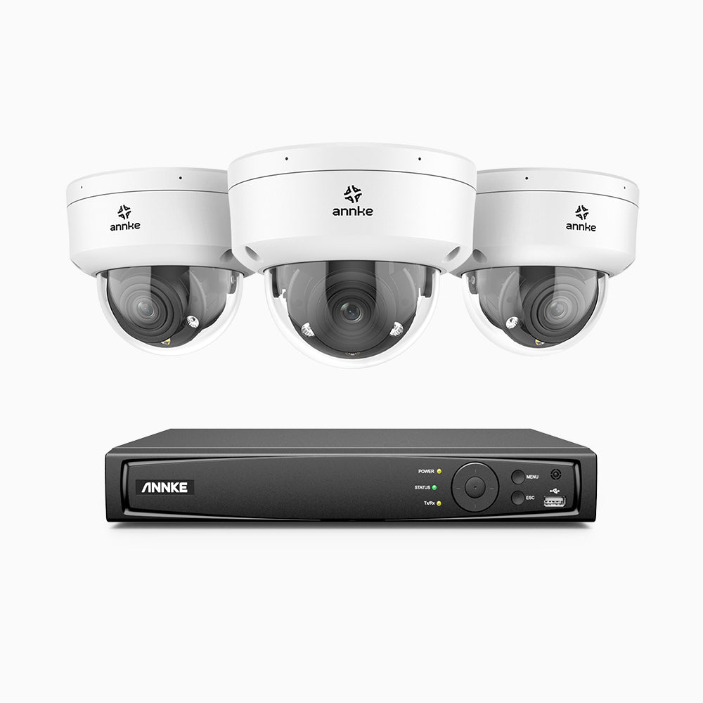 AZH800 - 4K 8 Channel 3 Cameras PoE Security System, 4X Optical Zoom, 2.8 - 12 MM Motorized Varifocal Lens, Smart Dual Light Night Vision, Motion Detection 2.0, Built-In Microphone, Siren & Strobe Alarm, Upgraded Version