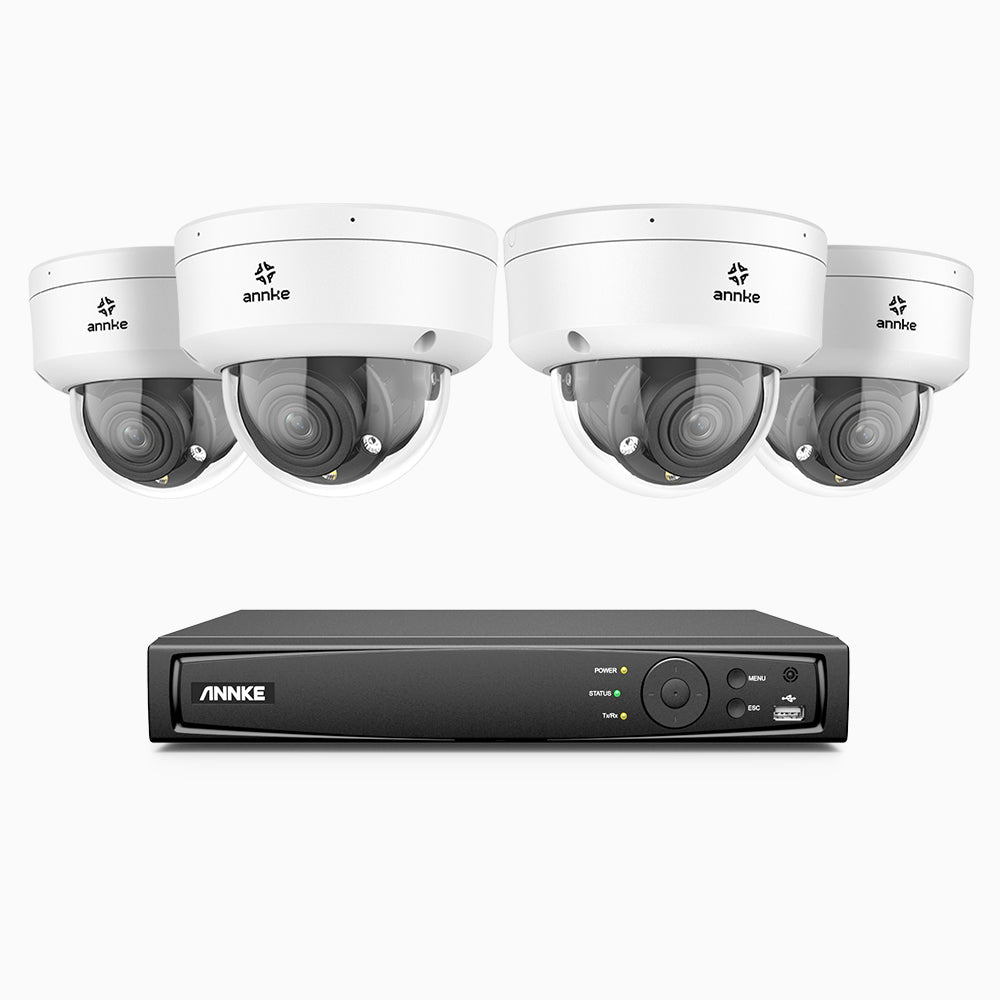 AZH800 - 4K 8 Channel 4 Cameras PoE Security System, 4X Optical Zoom, 2.8 - 12 MM Motorized Varifocal Lens, Smart Dual Light Night Vision, Motion Detection 2.0, Built-In Microphone, Siren & Strobe Alarm, Upgraded Version