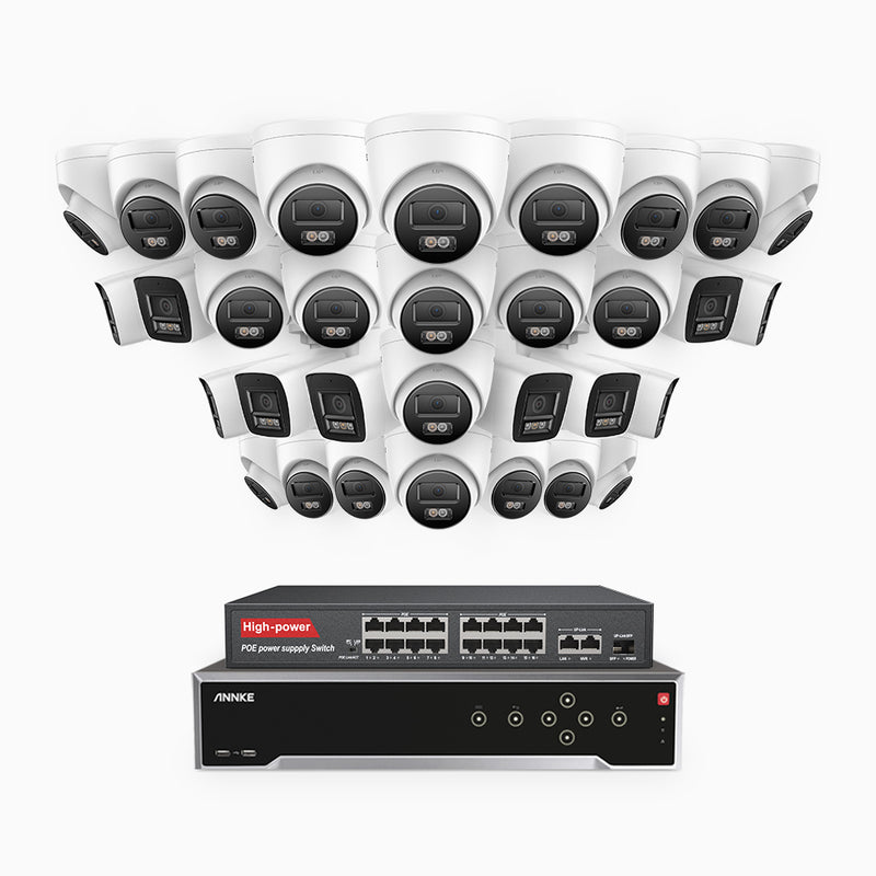 H800 - 4K 32 Channel PoE Security CCTV System with 10 Bullet & 22 Turret Cameras, Human & Vehicle Detection, Colour & IR Night Vision, Built-in Mic, RTSP Supported, 16-Port PoE Switch Included