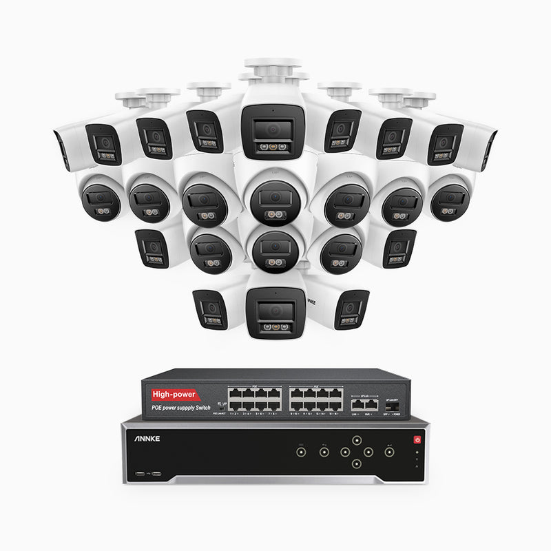 H800 - 4K 32 Channel PoE Security CCTV System with 14 Bullet & 10 Turret Cameras, Human & Vehicle Detection, Colour & IR Night Vision, Built-in Mic, RTSP Supported, 16-Port PoE Switch Included