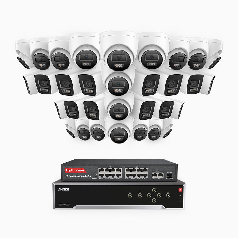 H800 - 4K 32 Channel PoE Security CCTV System with 14 Bullet & 18 Turret Cameras, Human & Vehicle Detection, Colour & IR Night Vision, Built-in Mic, RTSP Supported, 16-Port PoE Switch Included