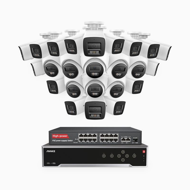 H800 - 4K 32 Channel PoE Security CCTV System with 16 Bullet & 8 Turret Cameras, Human & Vehicle Detection, Colour & IR Night Vision, Built-in Mic, RTSP Supported, 16-Port PoE Switch Included