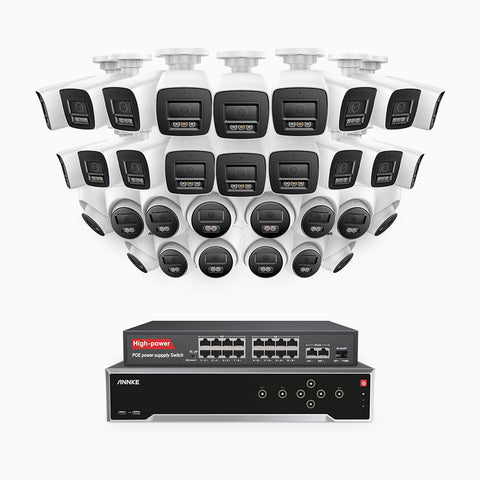 H800 - 4K 32 Channel PoE Security CCTV System with 18 Bullet & 14 Turret Cameras, Human & Vehicle Detection, Colour & IR Night Vision, Built-in Mic, RTSP Supported, 16-Port PoE Switch Included