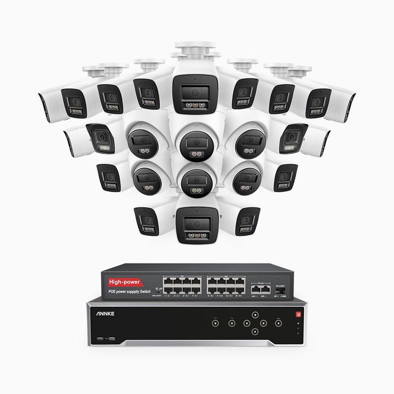 H800 - 4K 32 Channel PoE Security CCTV System with 18 Bullet & 6 Turret Cameras, Human & Vehicle Detection, Colour & IR Night Vision, Built-in Mic, RTSP Supported, 16-Port PoE Switch Included