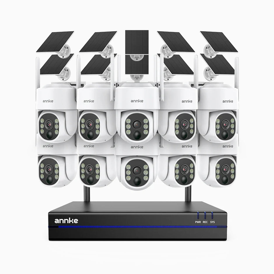 WBS400 - 4MP 16 Channel 10 Battery Cameras Outdoor Wireless NVR Security System, 2.4G & 5.8G Dual-Band WiFi, Motion Detection, Two-Way Audio, Battery & Solar Powered, 270° Pan & 90° Tilt, Cloud & Max. 256 GB Local Storage, Works with Alexa