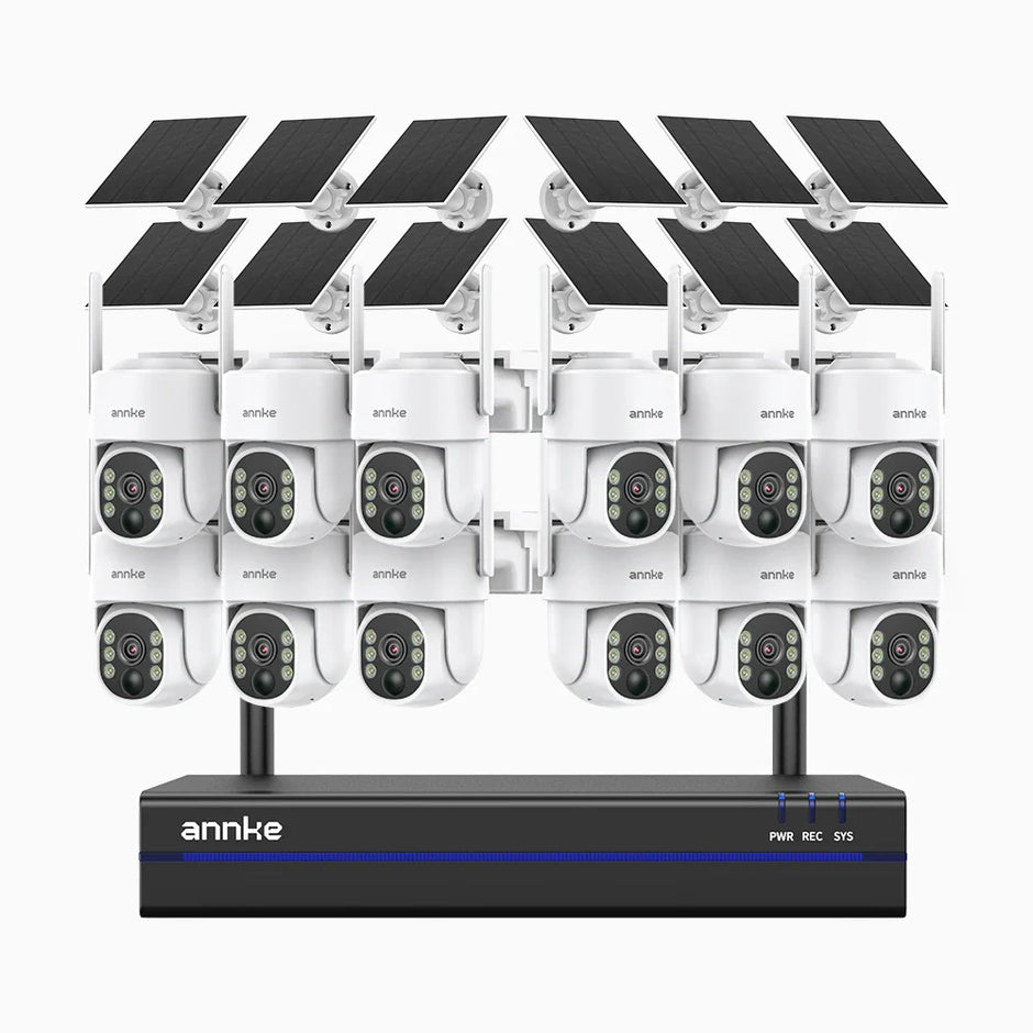 WBS400 - 4MP 16 Channel 12 Battery Cameras Outdoor Wireless NVR Security System, 2.4G & 5.8G Dual-Band WiFi, Motion Detection, Two-Way Audio, Battery & Solar Powered, 270° Pan & 90° Tilt, Cloud & Max. 256 GB Local Storage, Works with Alexa