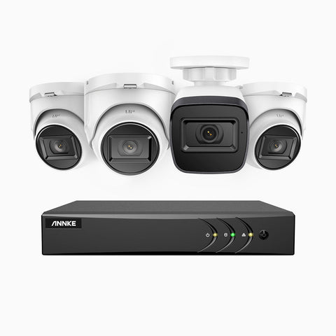 EL200 - 1080p 4 Channel Outdoor Wired Security CCTV System with 1 Bullet & 3 Turret Cameras, 3.6 MM Lens, Smart DVR with Human & Vehicle Detection, 66 ft Infrared Night Vision, 4-in-1 Output Signal, IP67