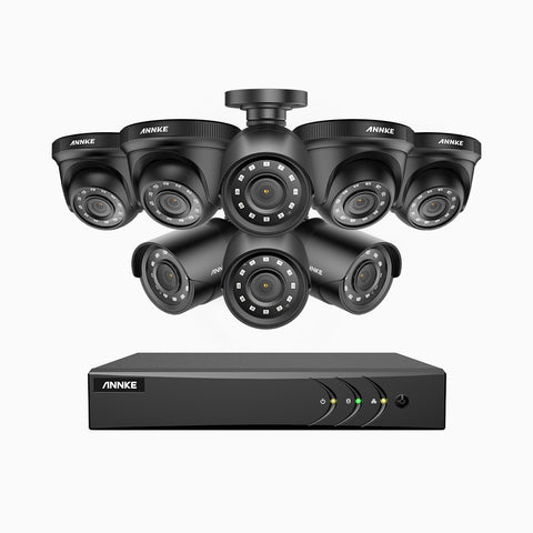 E200 - 1080p 16 Channel Outdoor Wired CCTV System with 4 Bullet & 4 Turret Cameras, Smart DVR with Human & Vehicle Detection, H.265+, 100 ft Infrared Night Vision