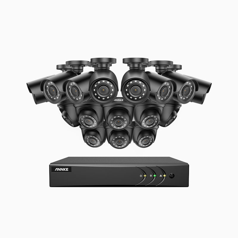 E200 - 1080p 16 Channel Outdoor Wired CCTV System with 8 Bullet & 8 Turret Cameras, Smart DVR with Human & Vehicle Detection, H.265+, 100 ft Infrared Night Vision