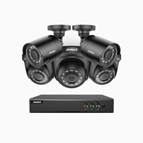 E200 - 1080p 8 Channel Outdoor Wired CCTV System with 2 Bullet & 3 Turret Cameras, Smart DVR with Human & Vehicle Detection, H.265+, 100 ft Infrared Night Vision