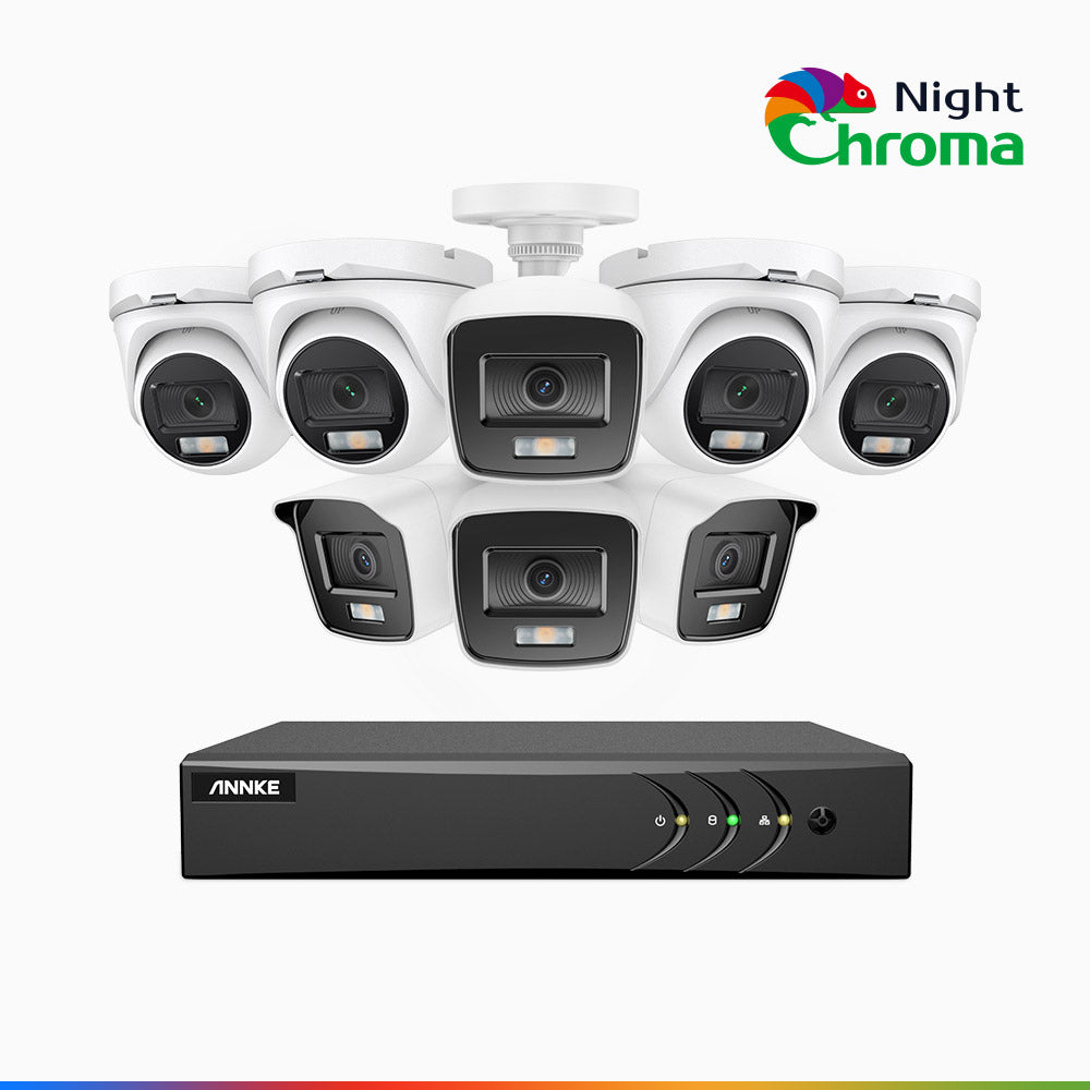 NightChroma<sup>TM</sup> NAK200 - 1080P 8 Channel Wired CCTV System with 4 Bullet & 4 Turret Cameras, Acme Colour Night Vision, f/1.0 Super Aperture, 0.001 Lux, 121° FoV, Active Alignment