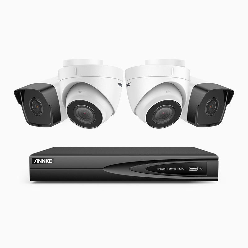 H500 - 5MP 4 Channel PoE CCTV System with 2 Bullet & 2 Turret Cameras, EXIR 2.0 Night Vision, Built-in Mic & SD Card Slot, RTSP Supported, Works with Alexa, IP67