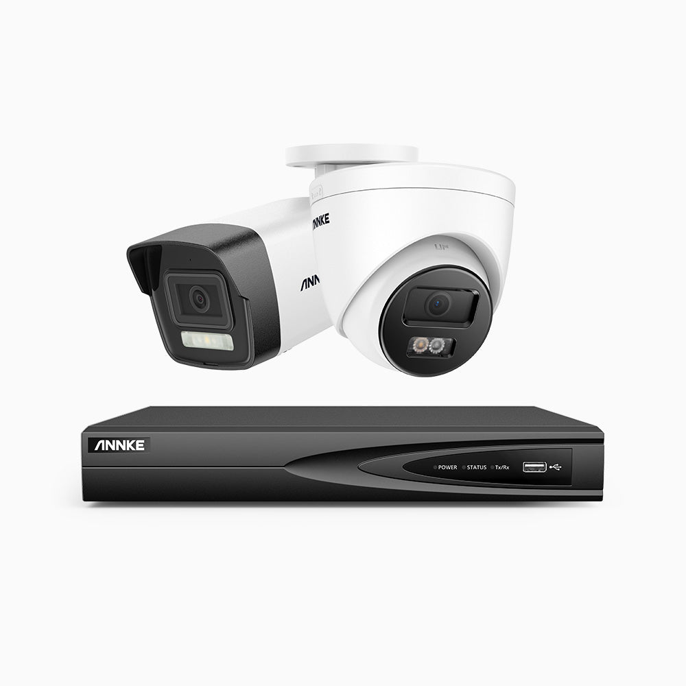 AH500 - 3K 4 Channel PoE Security System with 1 Bullet & 1 Turret Cameras, Colour & IR Night Vision, 3072*1728 Resolution, f/1.6 Aperture (0.005 Lux), Human & Vehicle Detection, Built-in Microphone, IP67