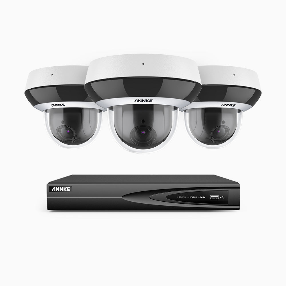 HCZ504 - 4 Channel 3 Cameras PTZ PoE Security System, 3K Super HD, 4X Optical Zoom, IK10 & IP67, 2.8-12 mm Lens, Intelligent Behavior Analysis, Colour Night Vision & Anti-Fog