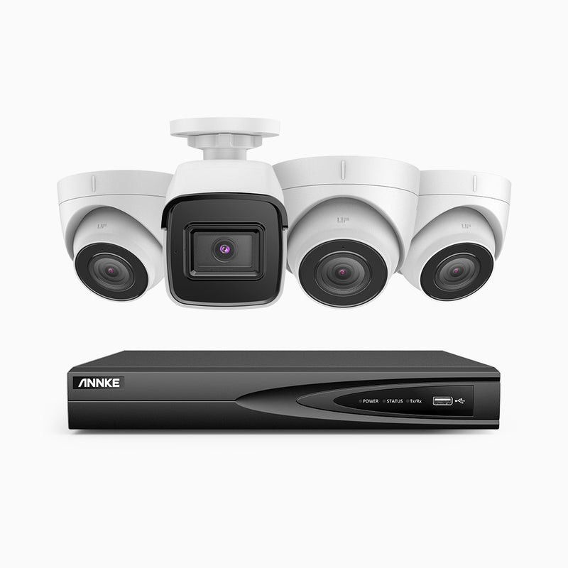 H800 - 4K 4 Channel PoE Security CCTV System with 3 Bullet & 1 Turret Cameras, Human & Vehicle Detection, Colour & IR Night Vision, Built-in Mic, RTSP Supported