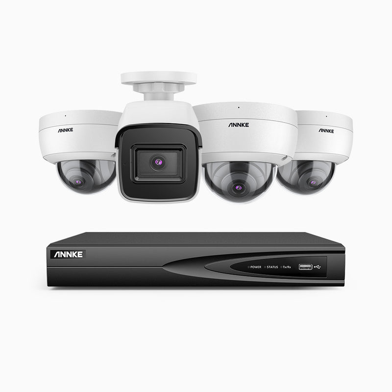 H800 - 4K 4 Channel PoE Security System with 1 Bullet & 3 Dome (IK10) Cameras, Vandal-Resistant, Human & Vehicle Detection, Colour & IR Night Vision, Built-in Mic, RTSP Supported