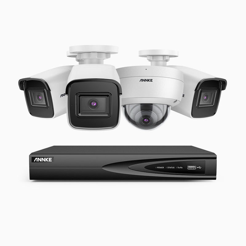 H800 - 4K 4 Channel PoE Security System with 3 Bullet & 1 Dome (IK10) Cameras, Vandal-Resistant, Human & Vehicle Detection, Colour & IR Night Vision, Built-in Mic, RTSP Supported
