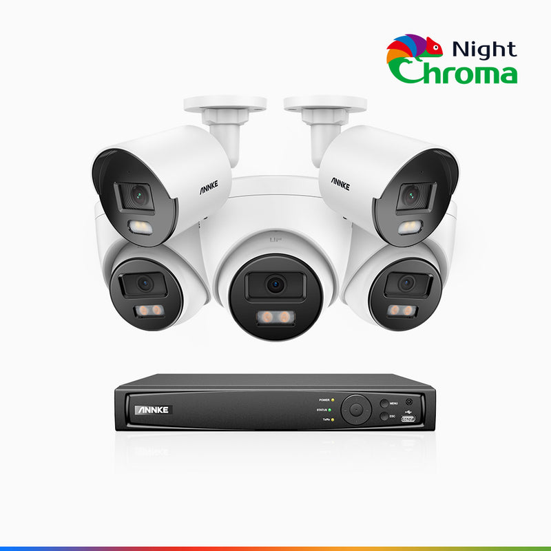 NightChroma<sup>TM</sup> NCK400 - 4MP 8 Channel PoE CCTV System with 2 Bullet & 3 Turret Cameras, Acme Colour Night Vision, f/1.0 Super Aperture, Active Alignment, Built-in Mic & SD Card Slot