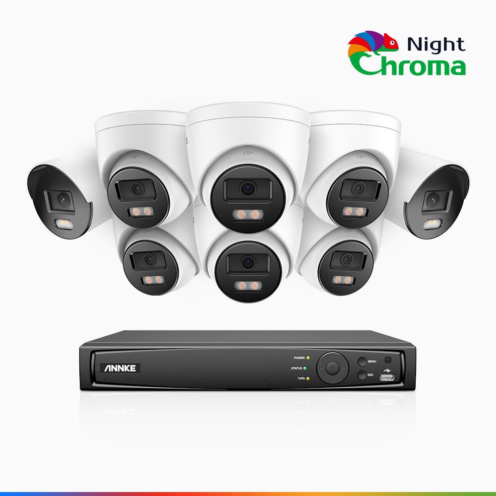 NightChroma<sup>TM</sup> NCK500 - 3K 8 Channel PoE CCTV System with 2 Bullet & 6 Turret Cameras, Acme Colour Night Vision, f/1.0 Super Aperture, Active Alignment, Built-in Mic & SD Card Slot