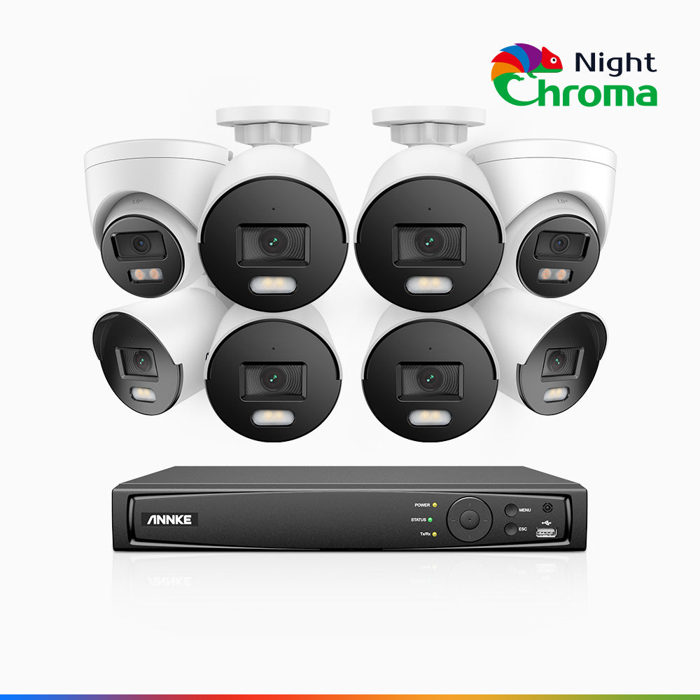 NightChroma<sup>TM</sup> NCK500 - 3K 8 Channel PoE CCTV System with 6 Bullet & 2 Turret Cameras, Acme Colour Night Vision, f/1.0 Super Aperture, Active Alignment, Built-in Mic & SD Card Slot