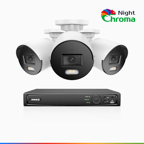 NightChroma<sup>TM</sup> NCK400 - 4MP 8 Channel 3 Cameras Acme Colour Night Vision PoE CCTV System, f/1.0 Super Aperture, Active Alignment, Built-in Mic & SD Card Slot