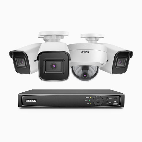 H800 - 4K 8 Channel PoE Security System with 3 Bullet & 1 Dome (IK10) Cameras, Vandal-Resistant, Human & Vehicle Detection, Colour & IR Night Vision, Built-in Mic, RTSP Supported