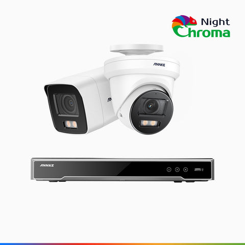 NightChroma<sup>TM</sup> NCK800 – 4K 8 Channel PoE Security System with 1 Bullet & 1 Turret Cameras, f/1.0 Super Aperture, Colour Night Vision, 2CH 4K Decoding Capability, Human & Vehicle Detection, Intelligent Behavior Analysis, Built-in Mic, 124° FoV