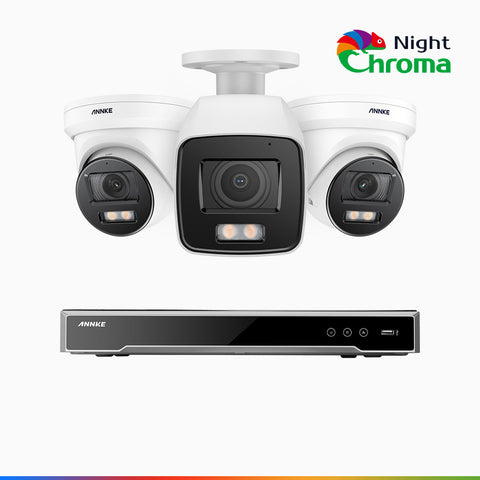 NightChroma<sup>TM</sup> NCK800 – 4K 8 Channel PoE Security System with 1 Bullet & 2 Turret Cameras, f/1.0 Super Aperture, Colour Night Vision, 2CH 4K Decoding Capability, Human & Vehicle Detection, Intelligent Behavior Analysis, Built-in Mic, 124° FoV