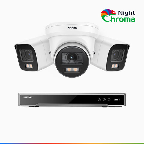 NightChroma<sup>TM</sup> NCK800 – 4K 8 Channel PoE Security System with 2 Bullet & 1 Turret Cameras, f/1.0 Super Aperture, Colour Night Vision, 2CH 4K Decoding Capability, Human & Vehicle Detection, Intelligent Behavior Analysis, Built-in Mic, 124° FoV