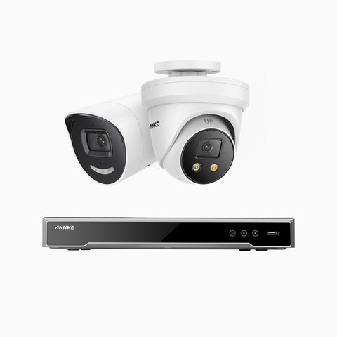 AH800 - 4K 8 Channel PoE Security System with 1 Bullet & 1 Turret Cameras, 1/1.8'' BSI Sensor, f/1.6 Aperture (0.003 Lux), Siren & Strobe Alarm, 2CH 4K Decoding Capability, Human & Vehicle Detection, Perimeter Protection