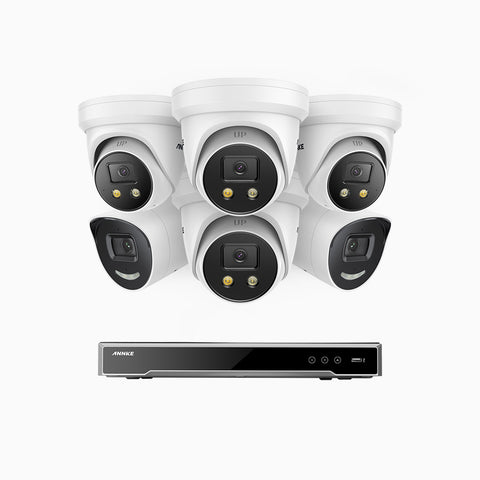 AH800 - 4K 8 Channel PoE Security System with 2 Bullet & 4 Turret Cameras, 1/1.8'' BSI Sensor, f/1.6 Aperture (0.003 Lux), Siren & Strobe Alarm, 2CH 4K Decoding Capability, Human & Vehicle Detection, Perimeter Protection