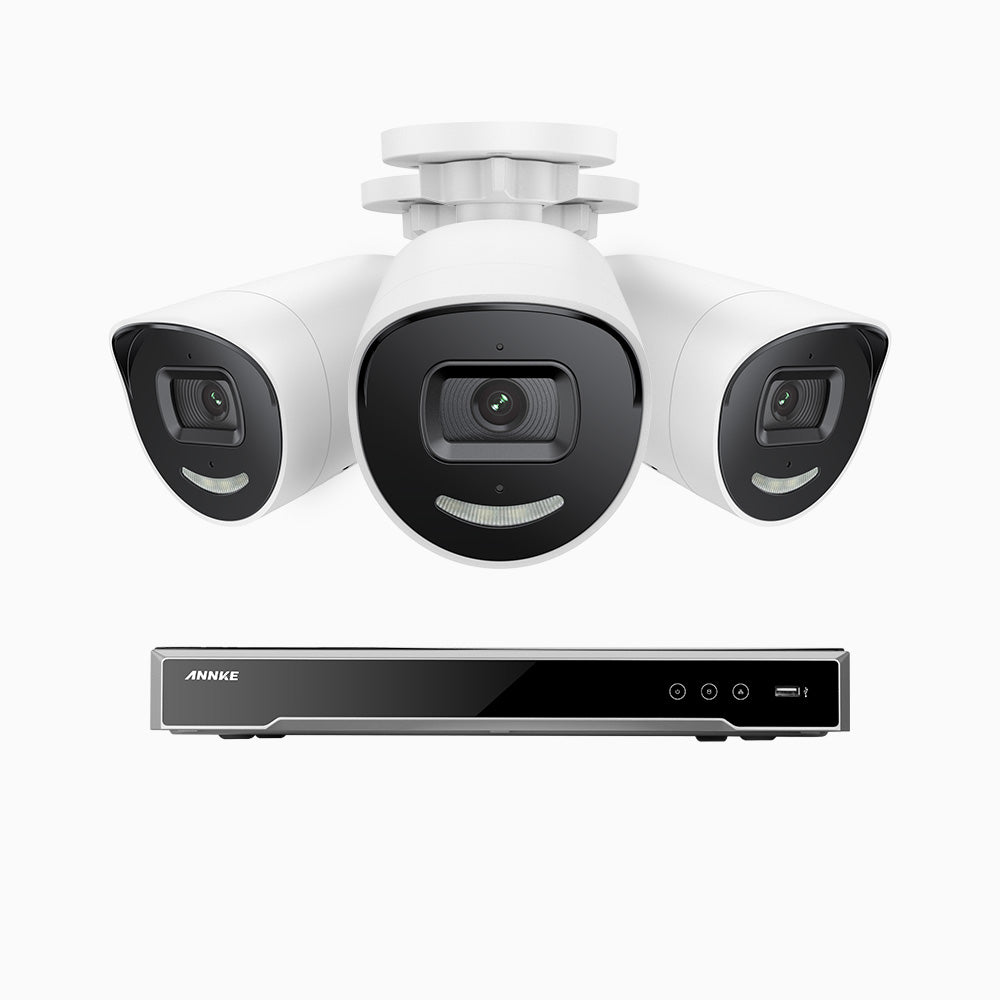 AH800 - 4K 8 Channel 3 Cameras PoE Security System, 1/1.8'' BSI Sensor, f/1.6 Aperture (0.003 Lux), Siren & Strobe Alarm, 2CH 4K Decoding Capability, Human & Vehicle Detection, Perimeter Protection