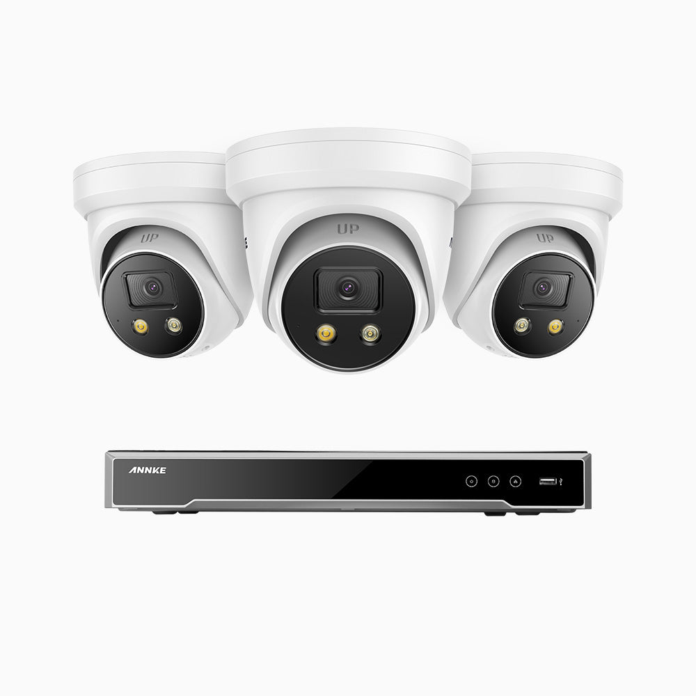 AH800 - 4K 8 Channel 3 Cameras PoE Security System, 1/1.8'' BSI Sensor, f/1.6 Aperture (0.003 Lux), Siren & Strobe Alarm, 2CH 4K Decoding Capability, Human & Vehicle Detection, Perimeter Protection