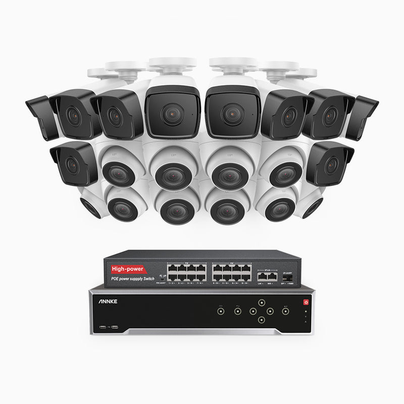 H500 - 5MP 32 Channel PoE Security CCTV System with 10 Bullet & 10 Turret Cameras, EXIR 2.0 Night Vision, Built-in Mic & SD Card Slot, Works with Alexa, 16-Port PoE Switch Included, IP67