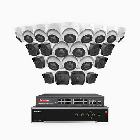 H500 - 5MP 32 Channel PoE Security CCTV System with 10 Bullet & 14 Turret Cameras, EXIR 2.0 Night Vision, Built-in Mic & SD Card Slot, Works with Alexa, 16-Port PoE Switch Included, IP67