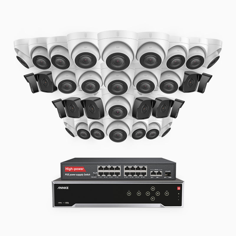 H500 - 5MP 32 Channel PoE Security CCTV System with 10 Bullet & 22 Turret Cameras, EXIR 2.0 Night Vision, Built-in Mic & SD Card Slot, Works with Alexa, 16-Port PoE Switch Included, IP67