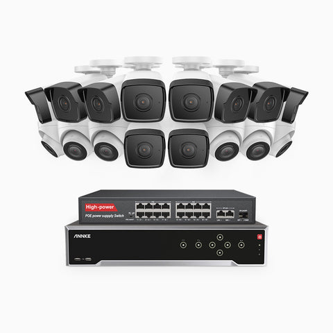 H500 - 5MP 32 Channel PoE Security CCTV System with 10 Bullet & 6 Turret Cameras, EXIR 2.0 Night Vision, Built-in Mic & SD Card Slot, Works with Alexa, 16-Port PoE Switch Included, IP67