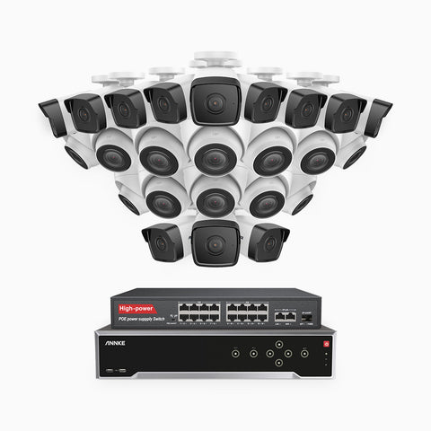 H500 - 5MP 32 Channel PoE Security CCTV System with 12 Bullet & 12 Turret Cameras, EXIR 2.0 Night Vision, Built-in Mic & SD Card Slot, Works with Alexa, 16-Port PoE Switch Included, IP67