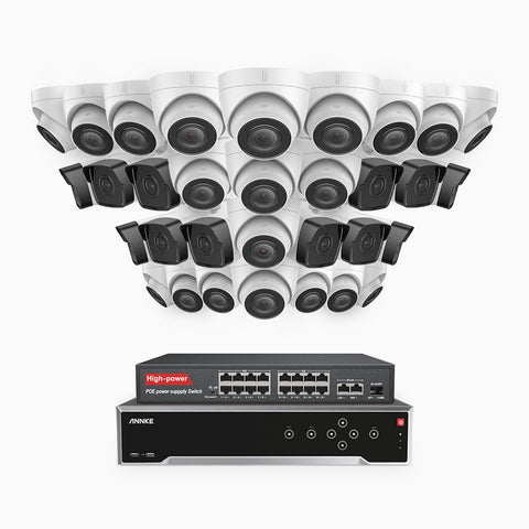 H500 - 5MP 32 Channel PoE Security CCTV System with 12 Bullet & 20 Turret Cameras, EXIR 2.0 Night Vision, Built-in Mic & SD Card Slot, Works with Alexa, 16-Port PoE Switch Included, IP67