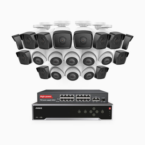 H500 - 5MP 32 Channel PoE Security CCTV System with 12 Bullet & 8 Turret Cameras, EXIR 2.0 Night Vision, Built-in Mic & SD Card Slot, Works with Alexa, 16-Port PoE Switch Included, IP67