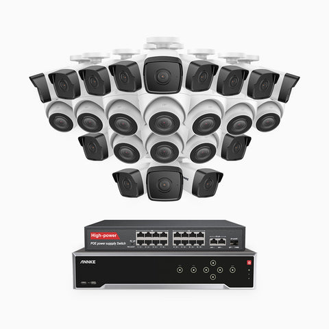 H500 - 5MP 32 Channel PoE Security CCTV System with 14 Bullet & 10 Turret Cameras, EXIR 2.0 Night Vision, Built-in Mic & SD Card Slot, Works with Alexa, 16-Port PoE Switch Included, IP67