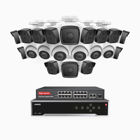 H500 - 5MP 32 Channel PoE Security CCTV System with 14 Bullet & 6 Turret Cameras, EXIR 2.0 Night Vision, Built-in Mic & SD Card Slot, Works with Alexa, 16-Port PoE Switch Included, IP67